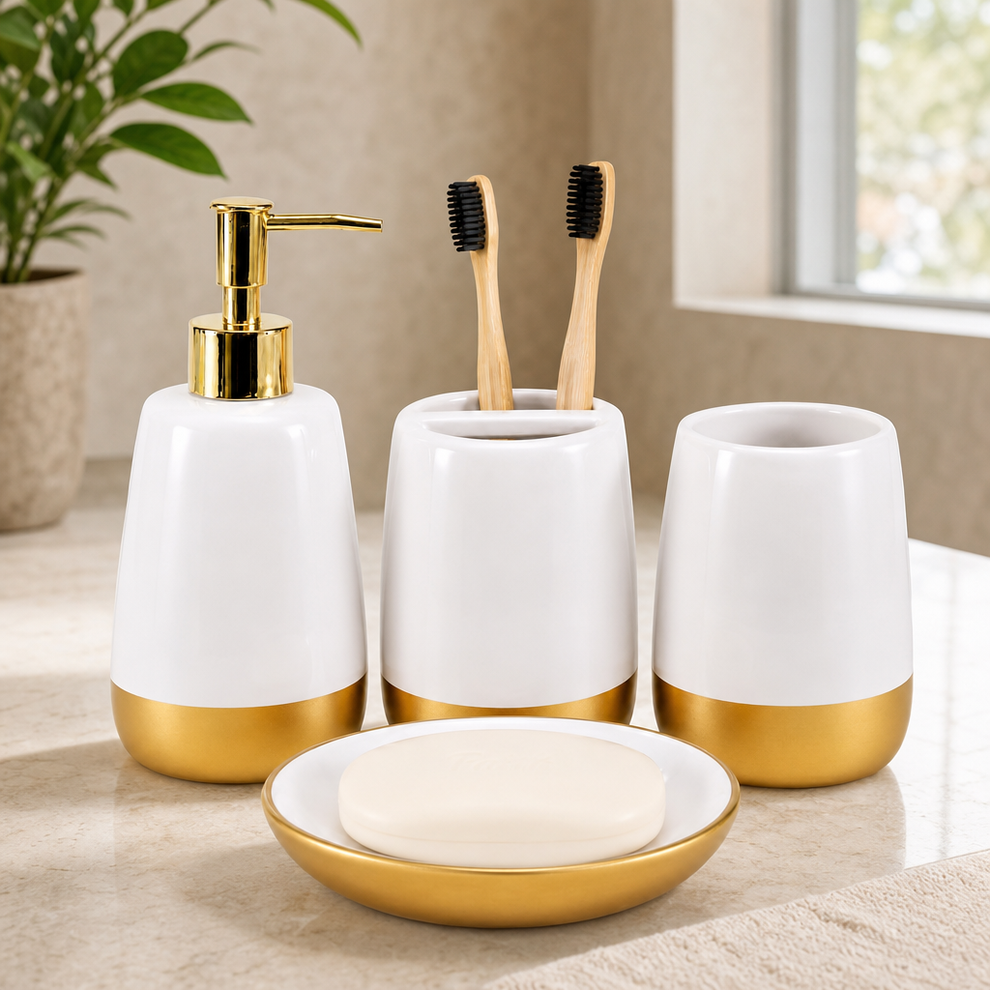 4-Piece Ceramic Bathroom Accessory Set — White, Grey, Terracotta & Red centered in a warm neutral furnished room