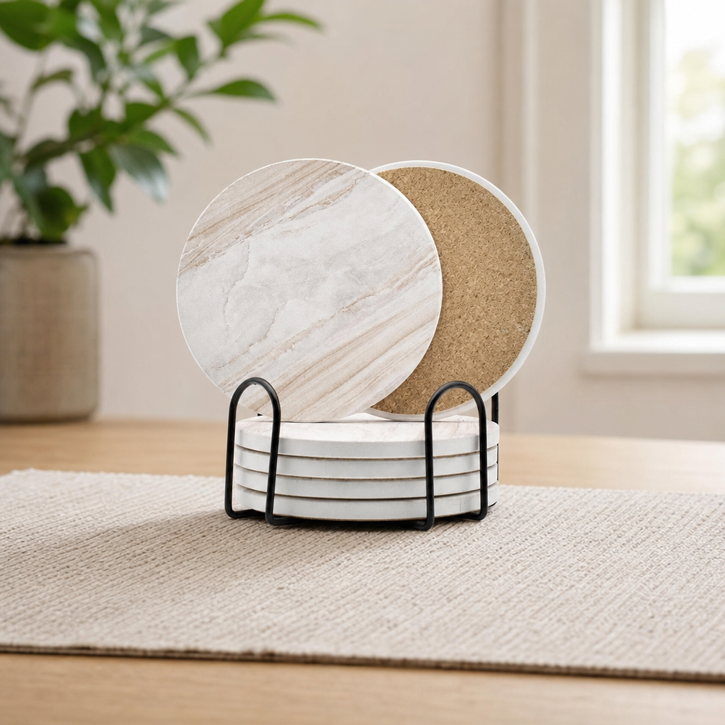 6-Piece 4" Absorbent Ceramic Coaster Set with Black Metal Holder centered in a warm neutral furnished room