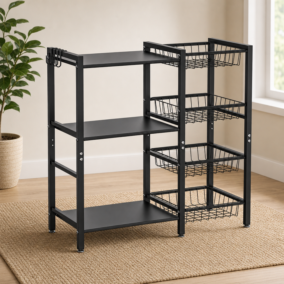 Kitchen Baker's Rack — 3-Tier Storage with 4 Wire Baskets, Microwave & Appliance S centered in a warm neutral furnished room