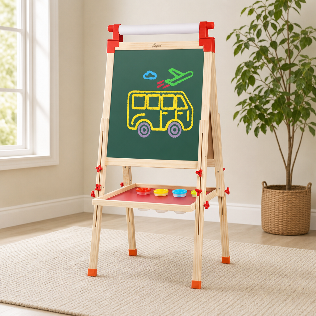 Kids Adjustable Double-Sided Wooden Art Easel with Paper Roll, Magnetic Green Boar centered in a warm neutral furnished room