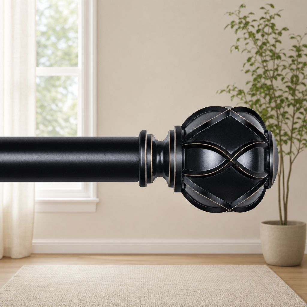 Adjustable Netted-Texture Curtain Rod (Black, Antique Silver, Antique Bronze) centered in a warm neutral furnished room