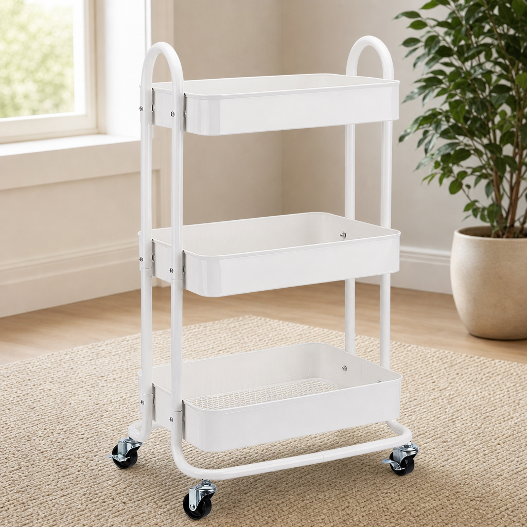 3-Tier Rolling Utility Cart with Recessed Mesh Bins and Pivoting Caster Wheels centered in a warm neutral furnished room