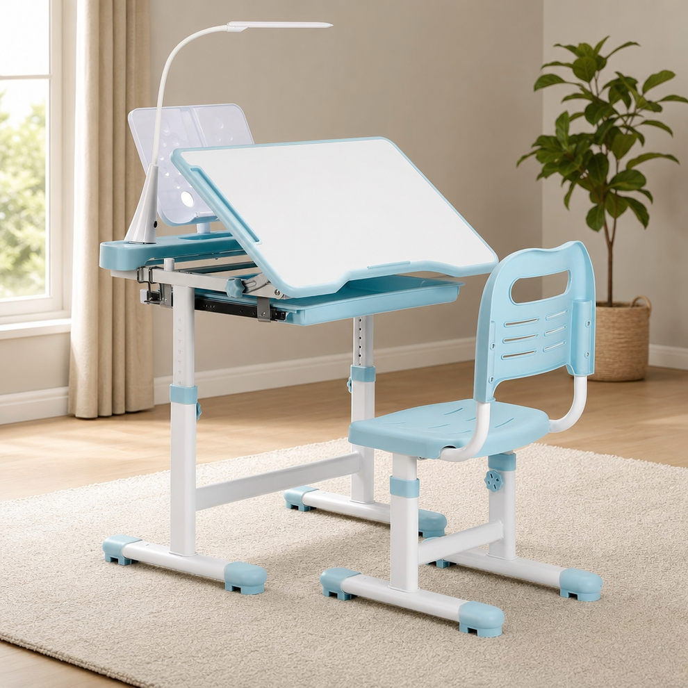 Kids Height-Adjustable Desk and Chair Set with 55° Tilting Desktop and LED Lamp centered in a warm neutral furnished room
