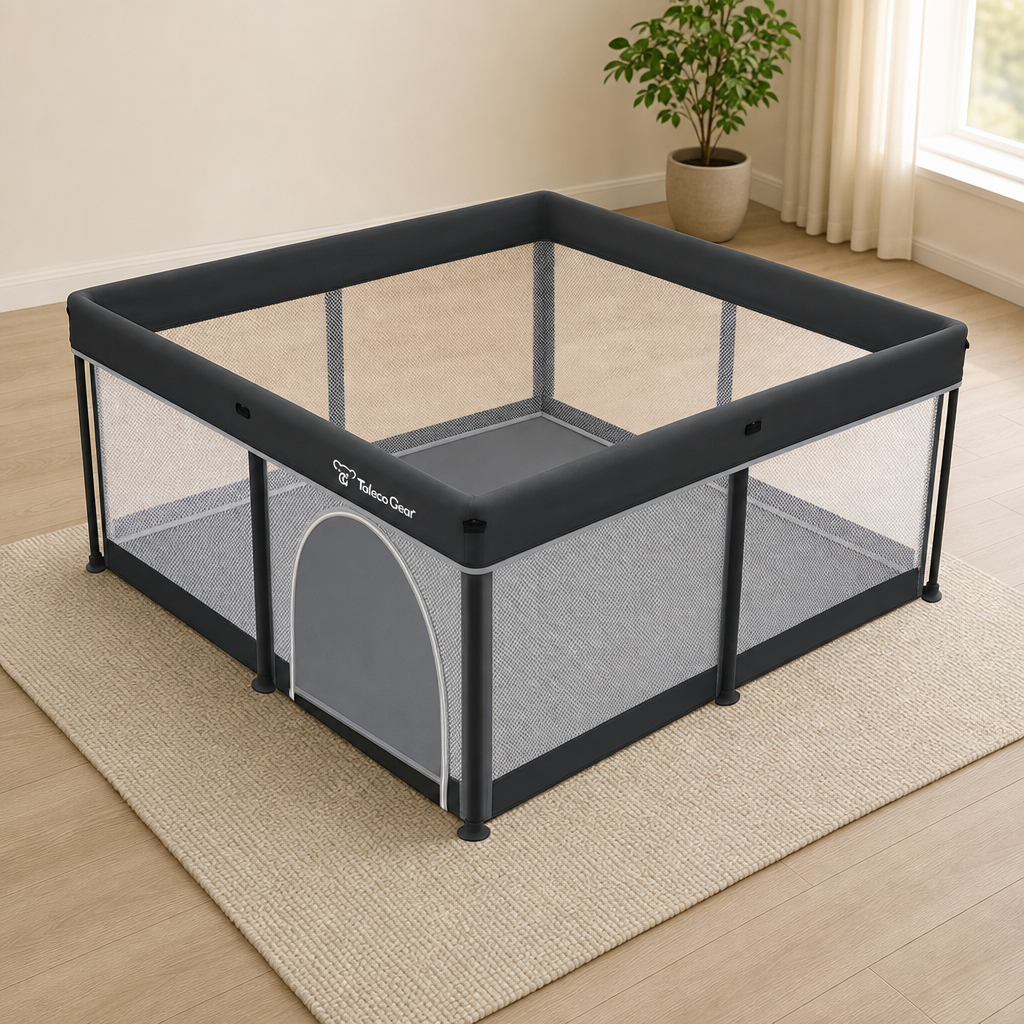 Taleco Gear Foldable Baby & Toddler Playpen with Mat and Gate centered in a warm neutral furnished room