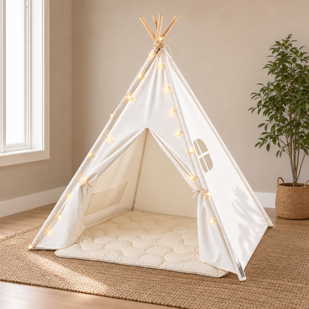 Kids Cotton Canvas Teepee Play Tent with Mat, Built-In Pockets & Star Lights centered in a warm neutral furnished room