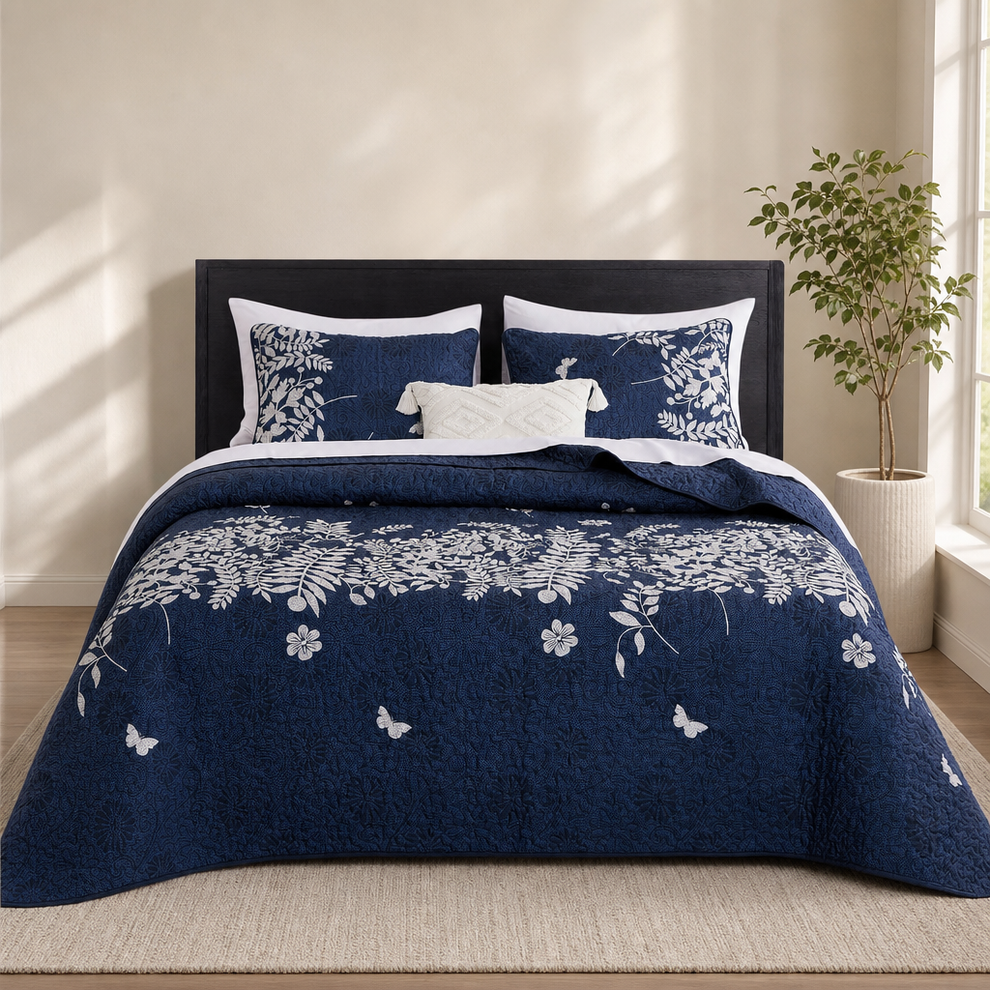 Set — Navy Blue & Gray, 3-Piece, Multiple Sizes centered in a warm neutral furnished room