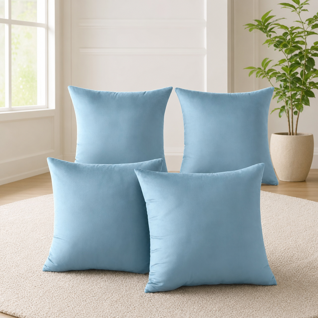 Set of 4 Velvet Throw Pillow Covers with Hidden Zippers centered in a warm neutral furnished room