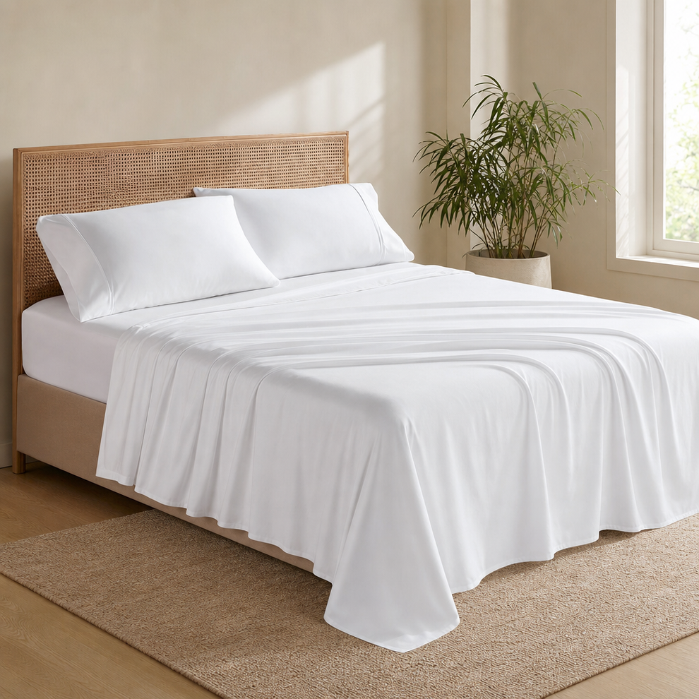 White bamboo rayon sheets draped on a bed with a woven rattan headboard, angled front view
