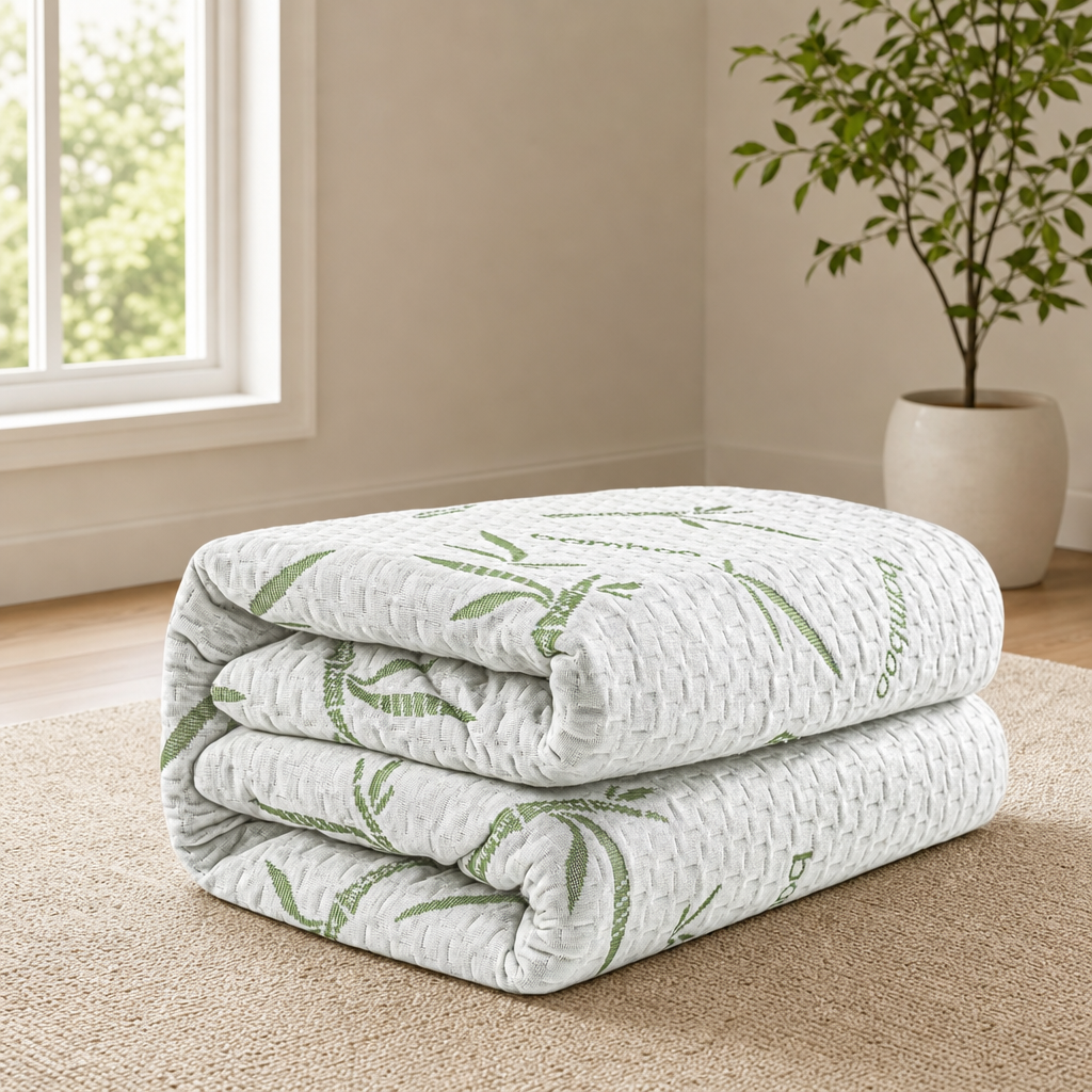 White bamboo-print fitted mattress protector folded on a rug with green leaf pattern