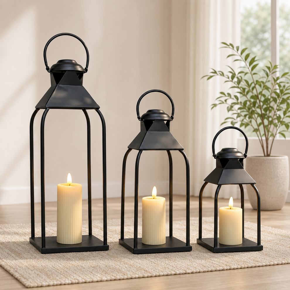 Metal Candle Lantern Set — Black or Antique Gold, 3pc (20", 15.7", 12") or 2pc (15 centered in a warm neutral furnished room