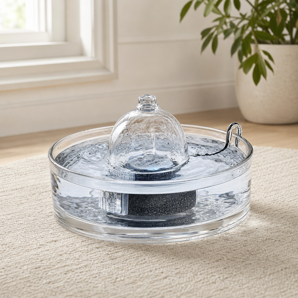 Glass Cat & Small-Dog Water Fountain 90 oz — Adjustable Flow, Silent Pump centered in a warm neutral furnished room