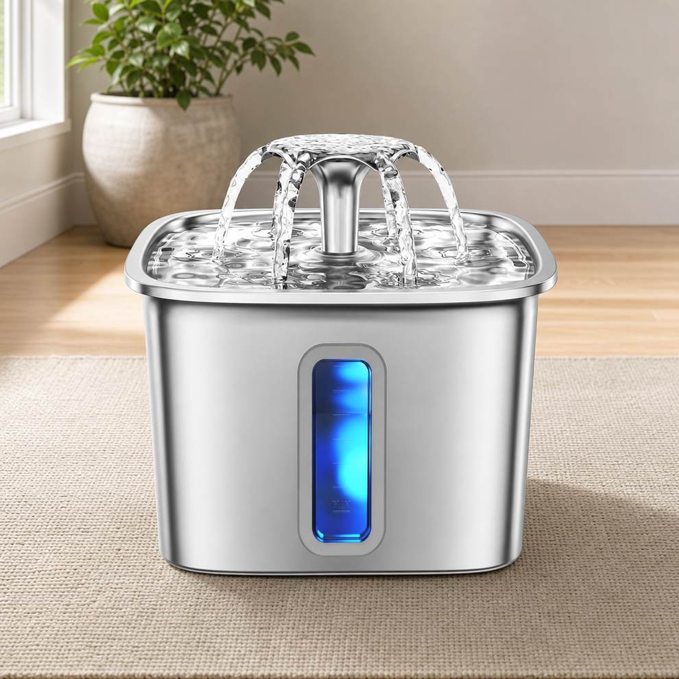 304 Stainless Steel Pet Water Fountain for Cats & Dogs, 108Oz & 237Oz Options — Vi centered in a warm neutral furnished room