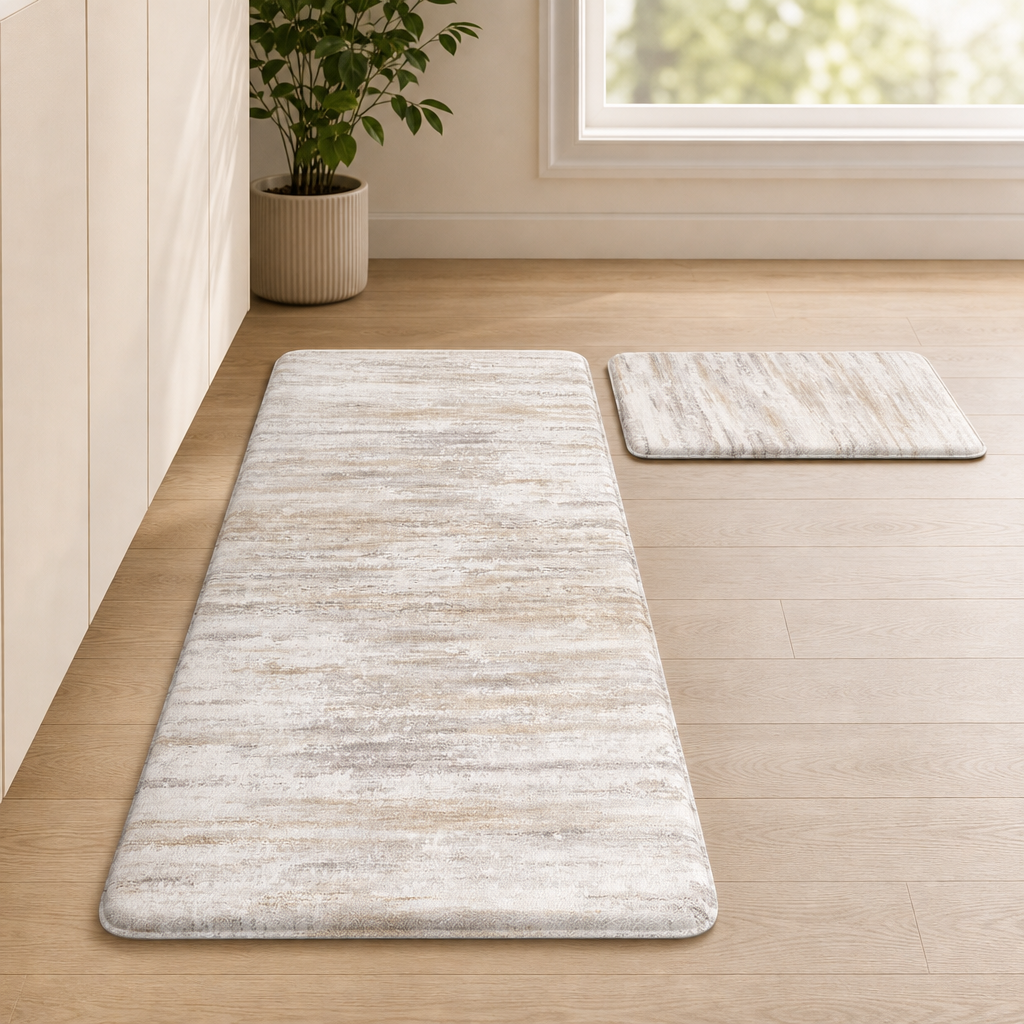 2-Piece - Kitchen Mat Set, Abstract Pattern centered in a warm neutral furnished room