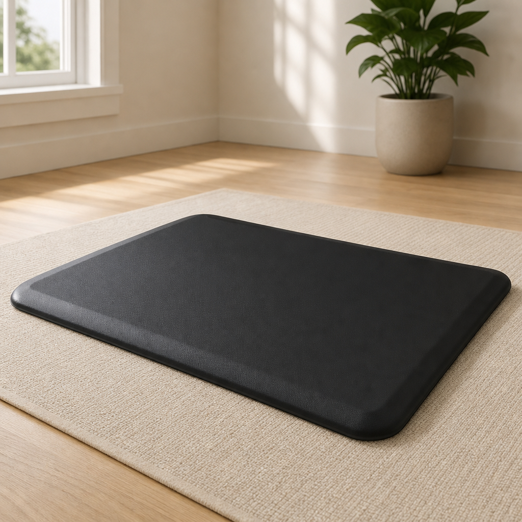 Black anti-fatigue floor mat angled front view on a light rug in a sunlit room