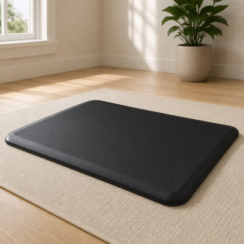 Black anti-fatigue floor mat angled front view on a light rug in a sunlit room