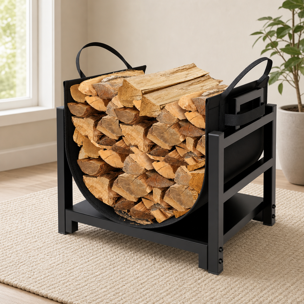 Rack with Canvas Carrier, Powder-Coated Tubular Steel, 17.6 in L x 12.5 in W x 16. centered in a warm neutral furnished room