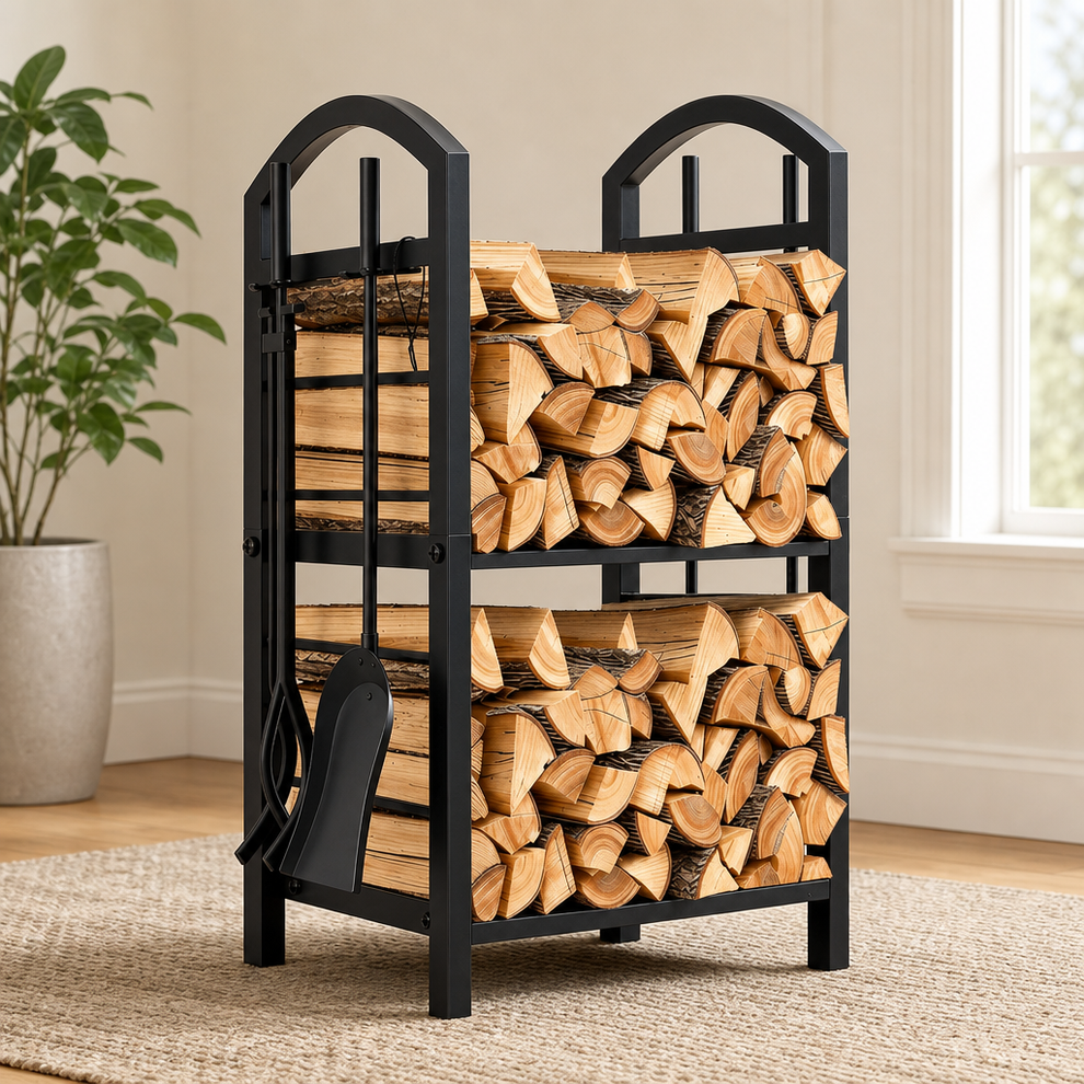 2-Tier Metal Firewood Rack with 4-Piece Fireplace Tool Set centered in a warm neutral furnished room