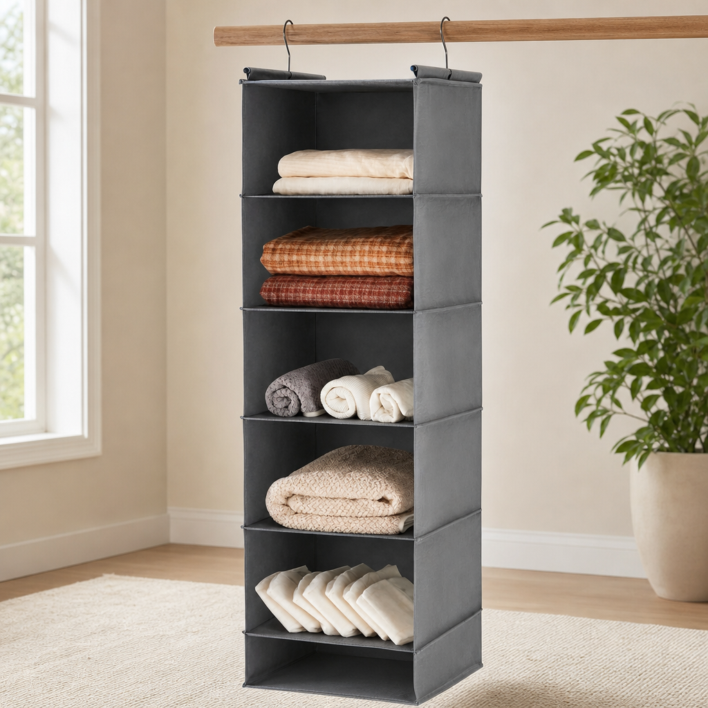 6-Tier Foldable Hanging Closet Organizer with 2 Hooks centered in a warm neutral furnished room