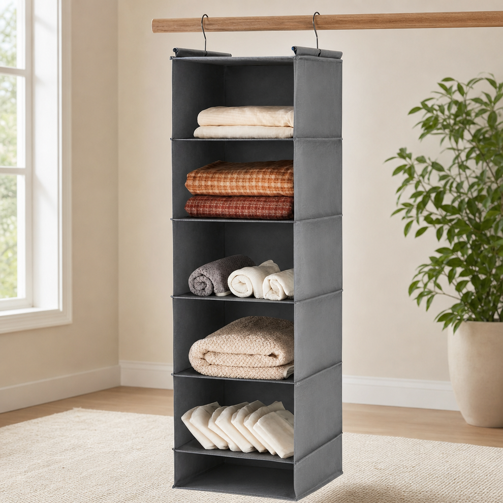 6-Tier Foldable Hanging Closet Organizer with 2 Hooks centered in a warm neutral furnished room