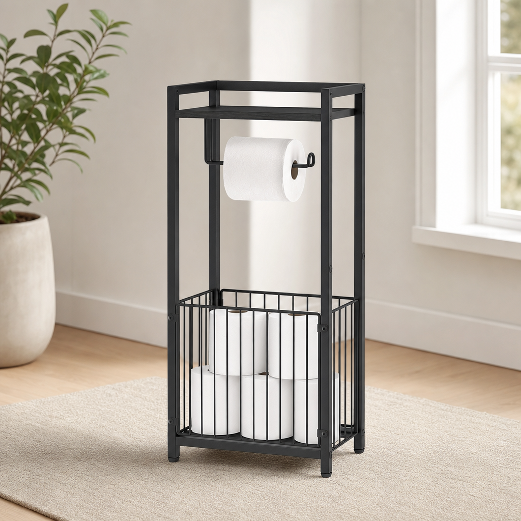 Freestanding Toilet Paper Holder with Top Shelf & Basket — Holds 6 Rolls, Black/Wh centered in a warm neutral furnished room