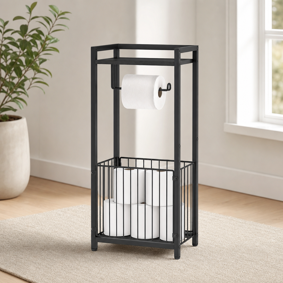 Freestanding Toilet Paper Holder with Top Shelf & Basket — Holds 6 Rolls, Black/Wh centered in a warm neutral furnished room