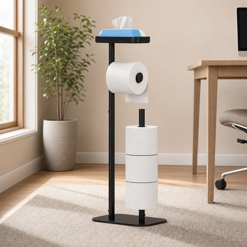 Freestanding Metal Toilet Paper Holder with Storage Shelf, Medium - 1 Pack centered in a warm neutral furnished room