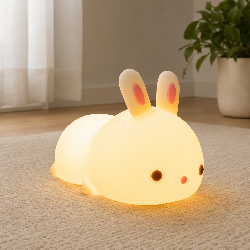 Kawaii Bunny Silicone Night Light, 16-Color Touch-Control Night Lamp for Bedroom & centered in a warm neutral furnished room