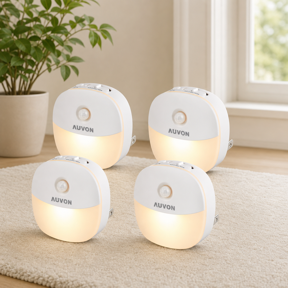Plug‑in Motion Sensor Night Light, Dimmable, Dusk‑to‑Dawn — 4 Pack centered in a warm neutral furnished room