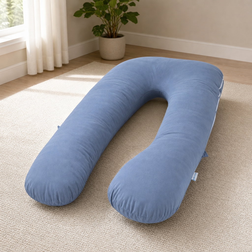 U-Shaped Maternity Body Pillow with Machine-Washable Cover — Visit Furniture centered in a warm neutral furnished room