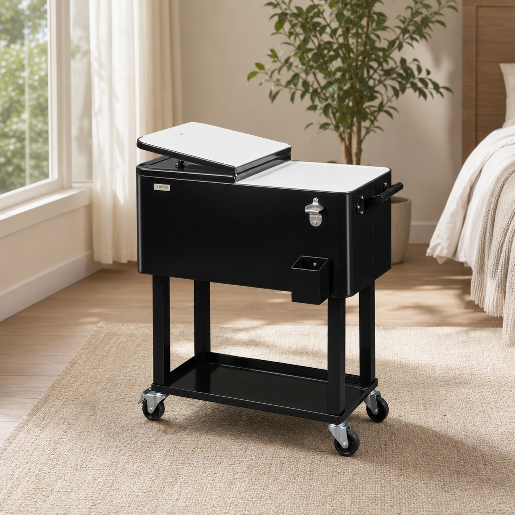 VINGLI Rolling Ice Chest, Portable Patio Party Bar Drink Cooler Cart, with Shelf,  centered in a warm neutral furnished room