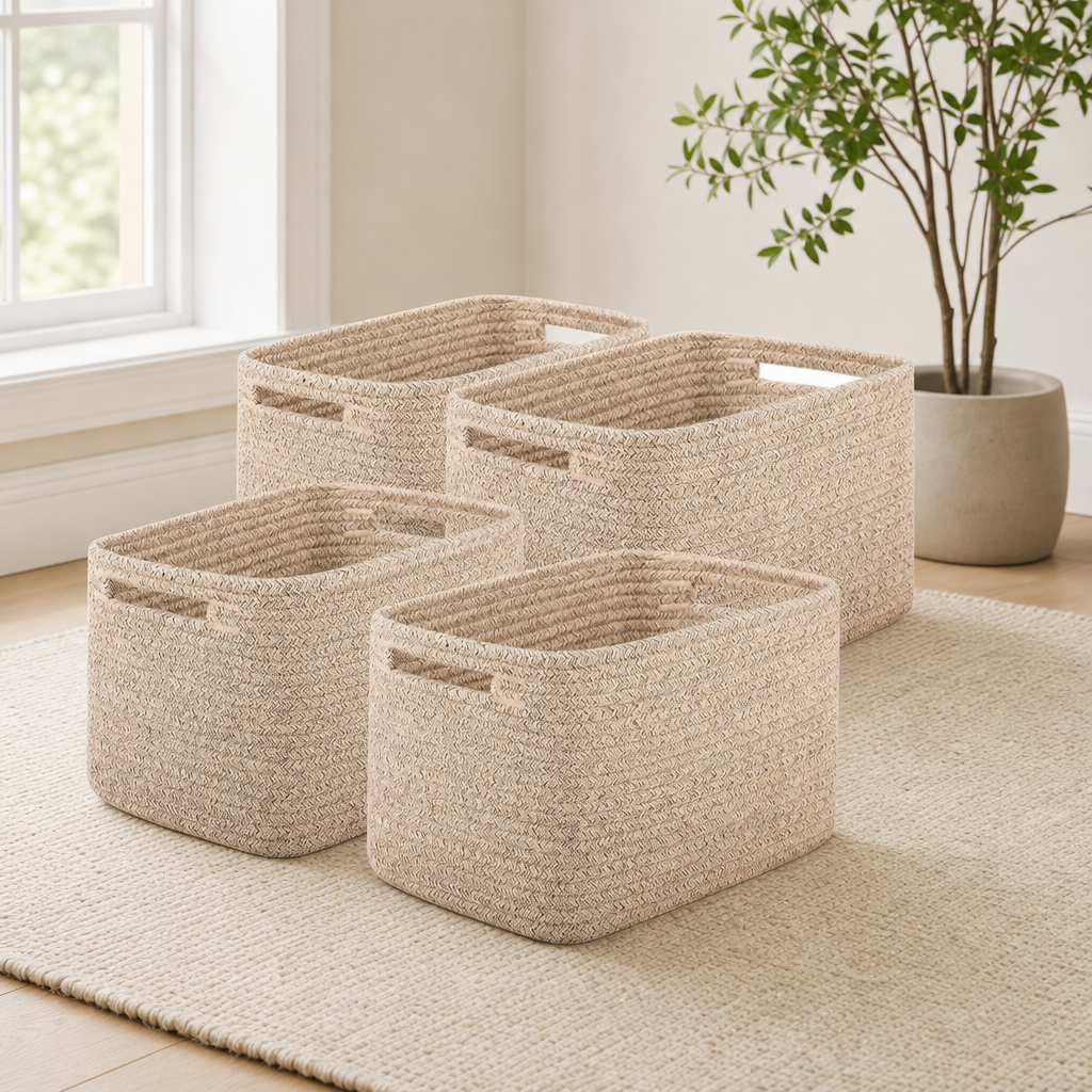 Natural beige cotton rope baskets in a four-pack arranged on a rug by a window and potted plant