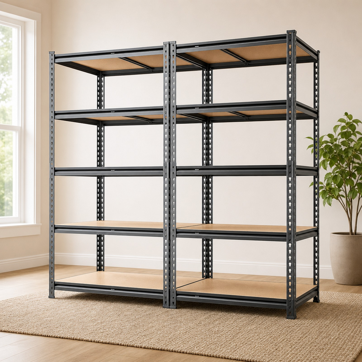 Two black steel shelving units with light wood-tone boards in a bright room
