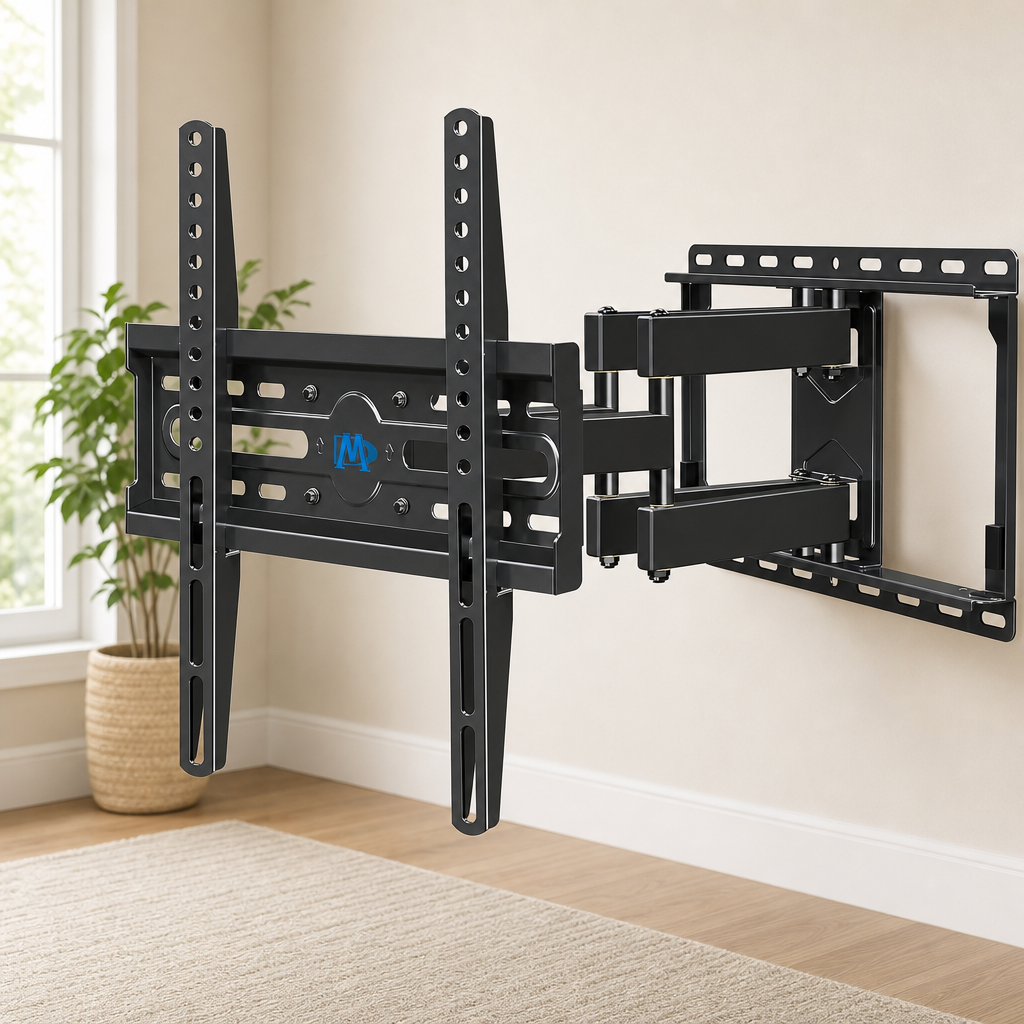Full Motion TV Wall Mount with Size Options centered in a warm neutral furnished room
