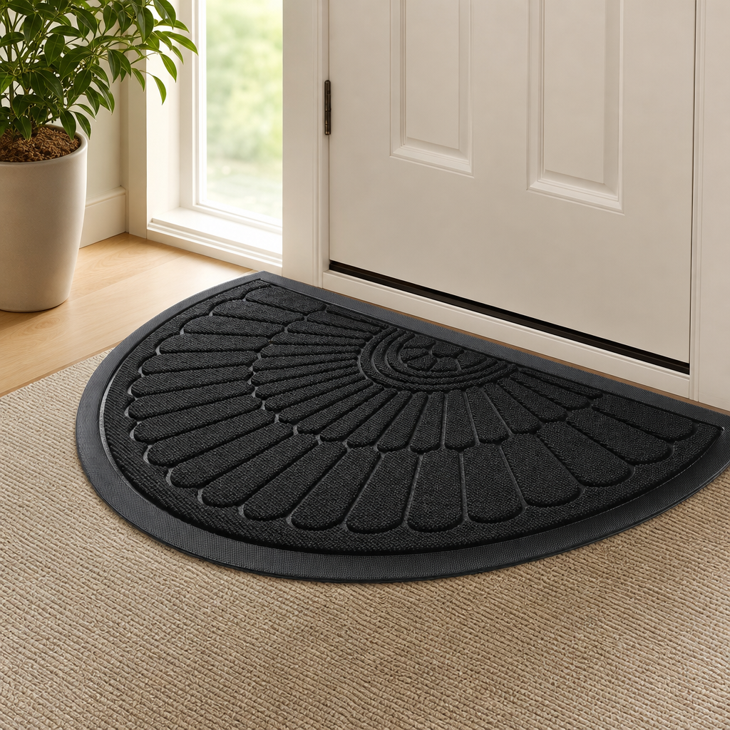 Black semicircular doormat with ribbed feather-pattern surface placed inside a front door on a beige rug