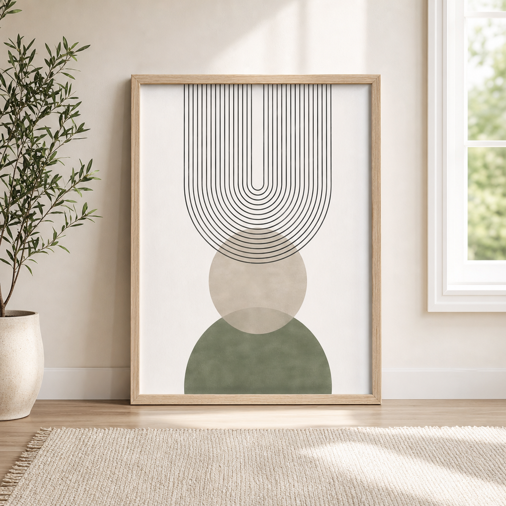 Sage and neutral abstract framed canvas leaning on the floor beside a potted plant and window