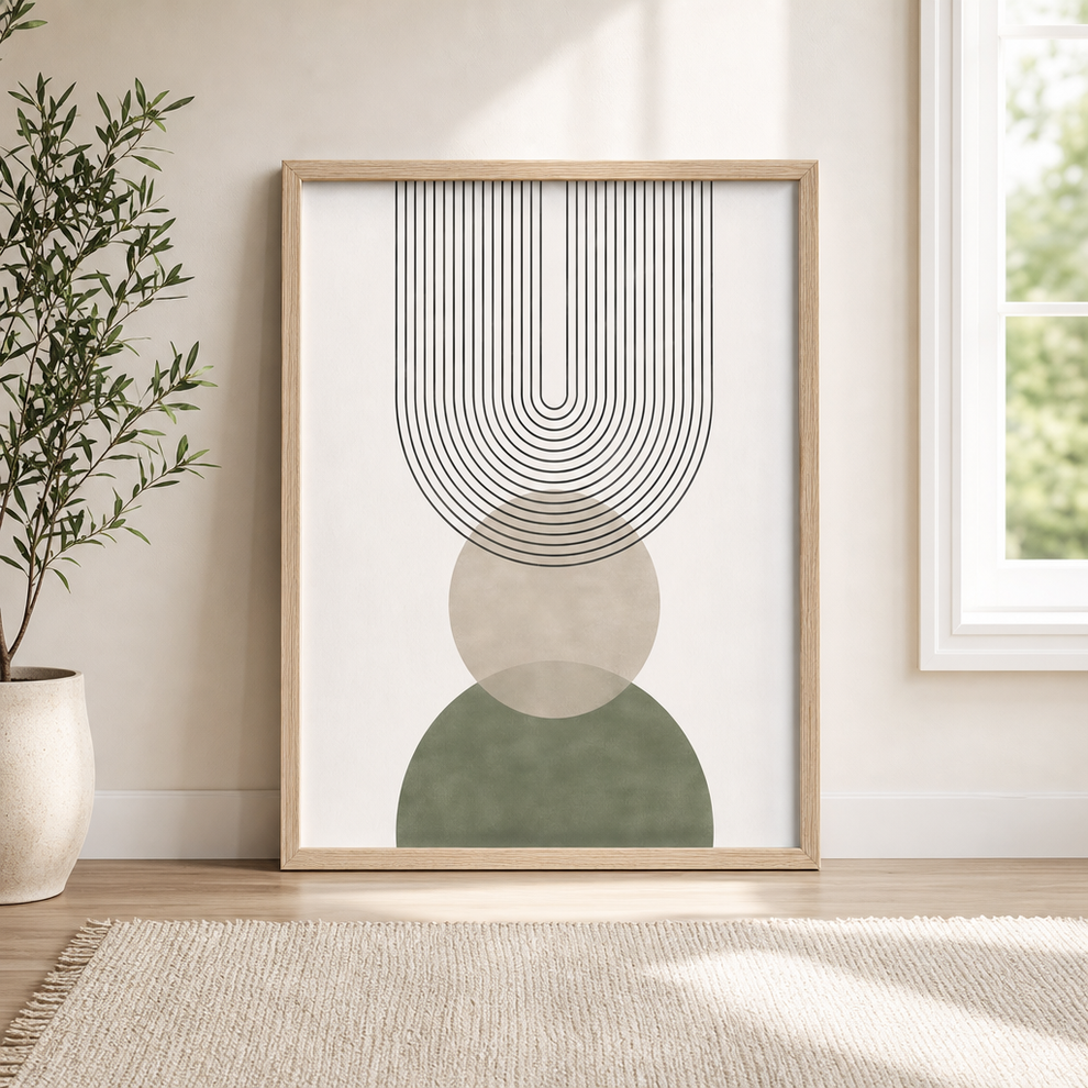 Sage and neutral abstract framed canvas leaning on the floor beside a potted plant and window