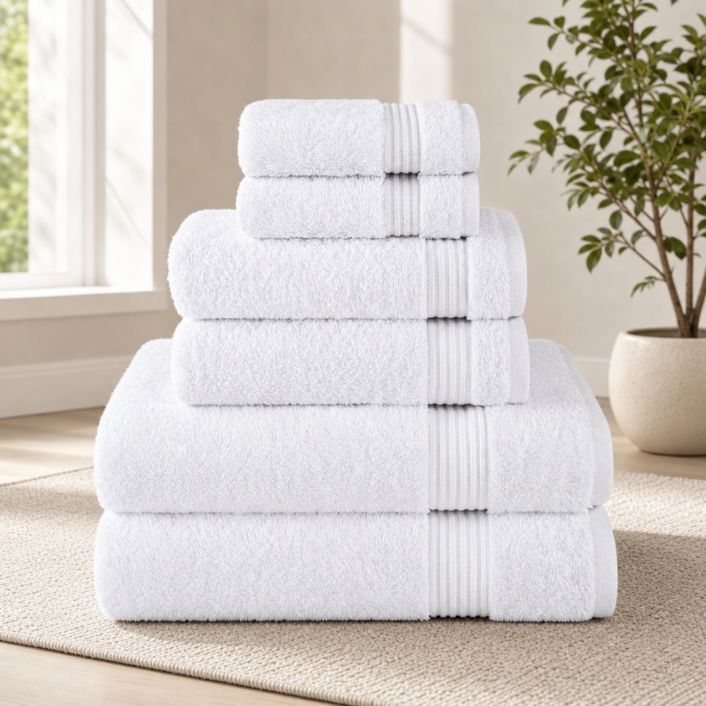 6-Piece Turkish Towel Set — 100% Cotton, 600 GSM, Multiple Colors centered in a warm neutral furnished room