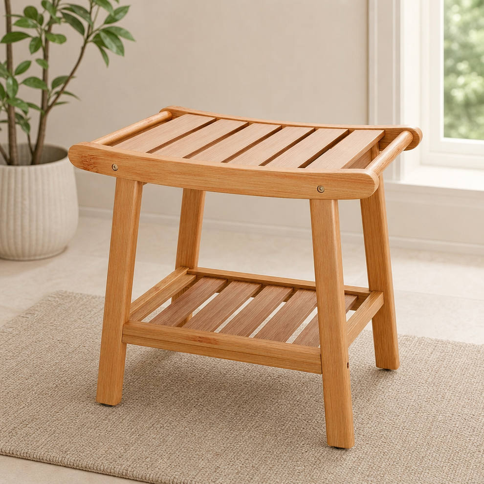 Bamboo Shower Bench Stool with 2-Tier Shelf, Curved Seat & Non-Slip Feet — Natural centered in a warm neutral furnished room