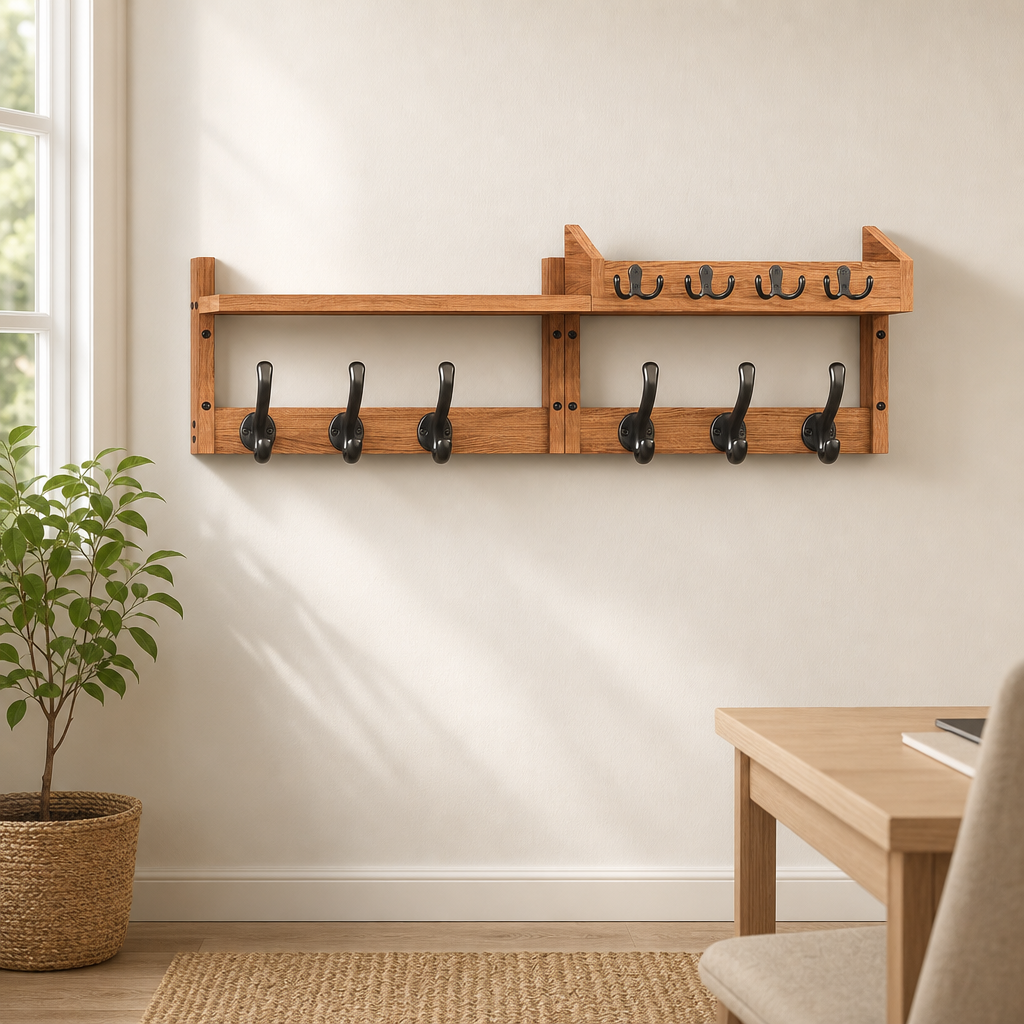 Solid Pine Wall-Mounted Coat Rack with Shelf, Mail Holder & 11 Hooks centered in a warm neutral furnished room