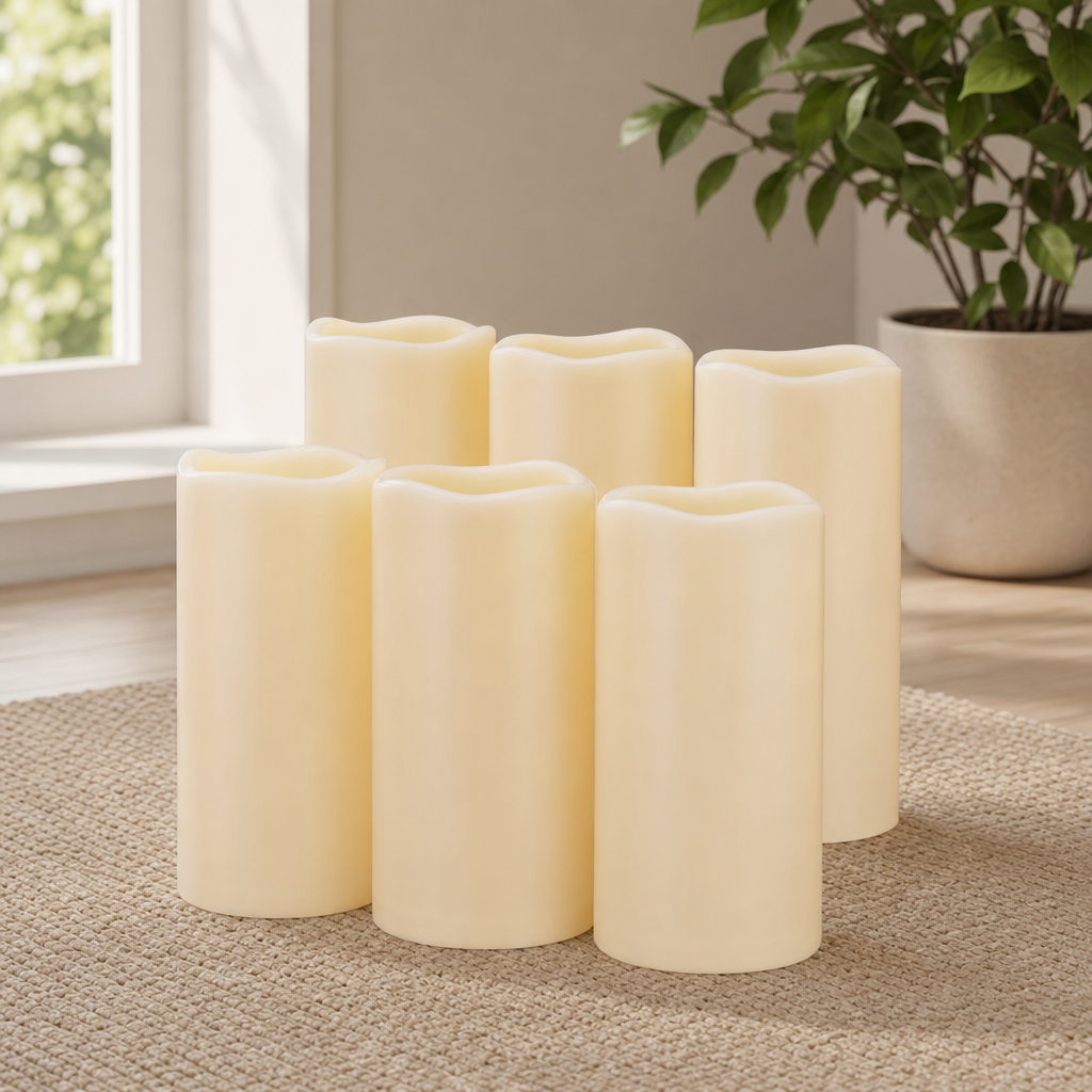 Six ivory resin pillar candles grouped on a textured rug beside a sunlit window in an interior scene