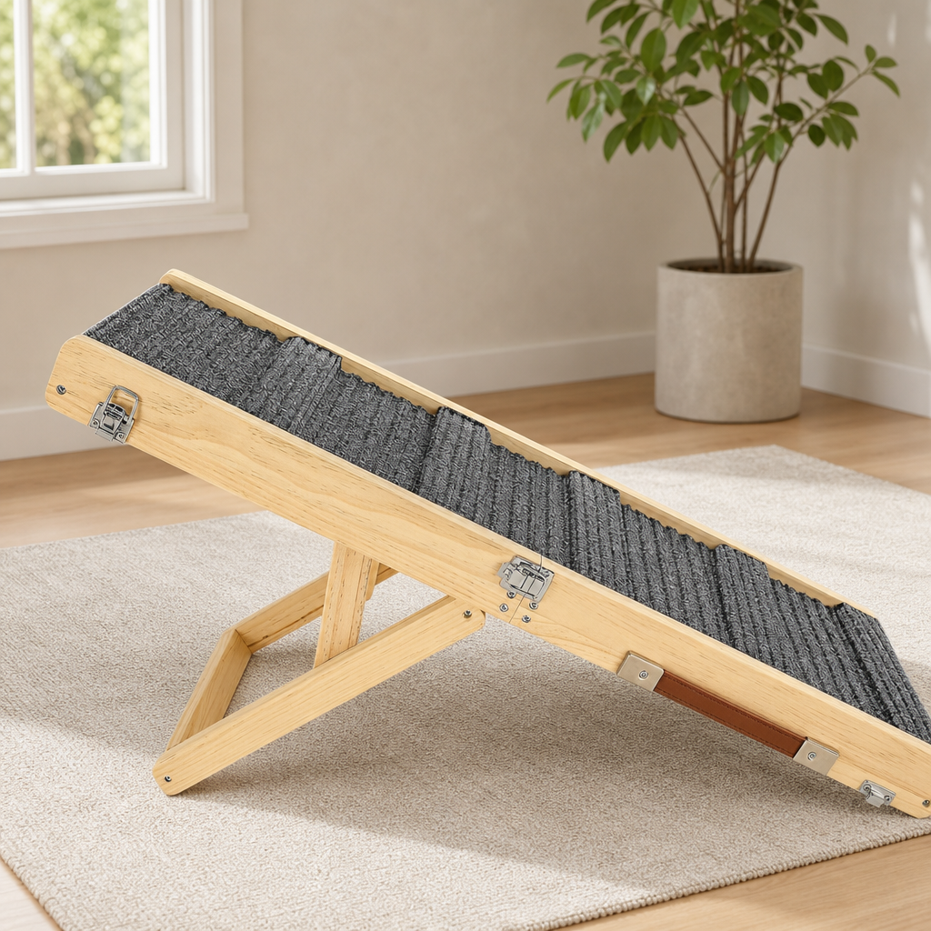 Light wood foldable pet ramp with dark grey ribbed fabric surface, angled side view on a carpeted floor near a potted plant