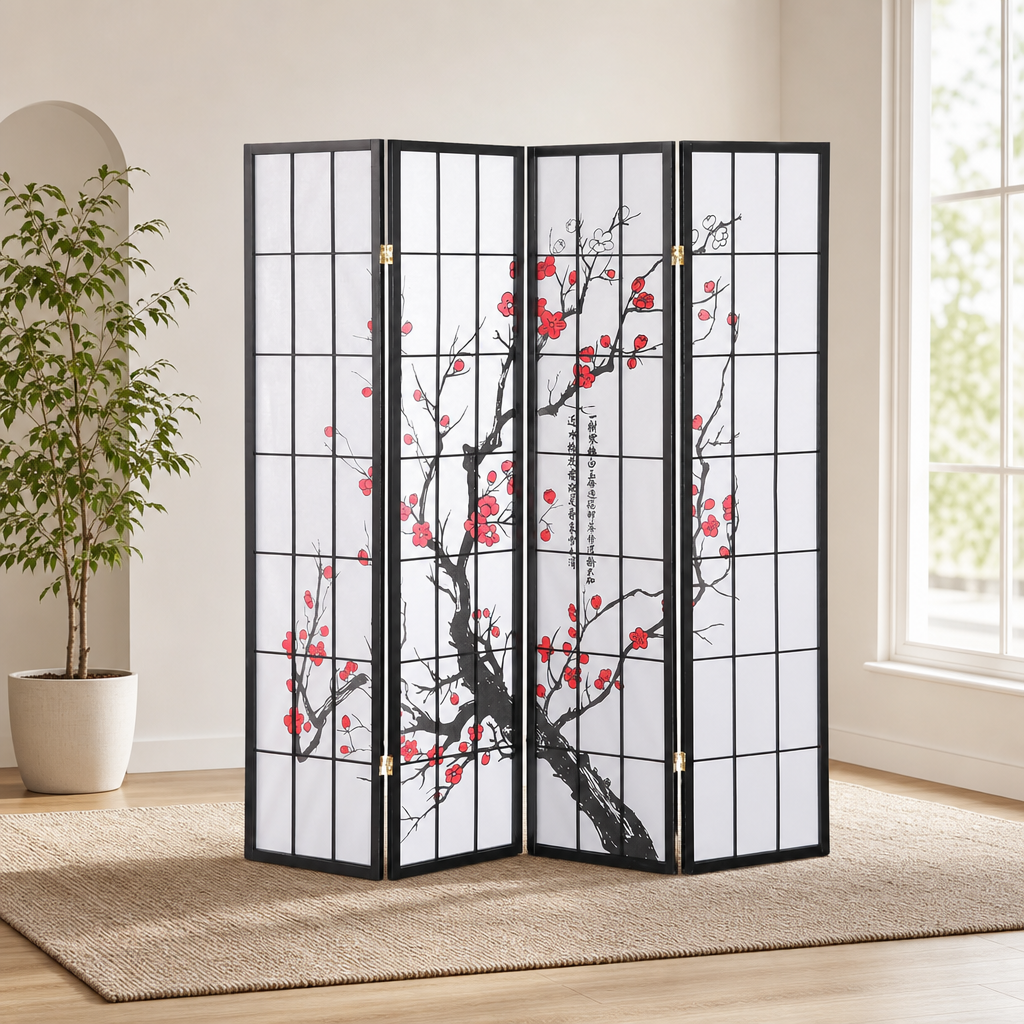 Black wood-framed four-panel shoji screen with white rice paper and red plum blossom print, angled front view in a brightroom