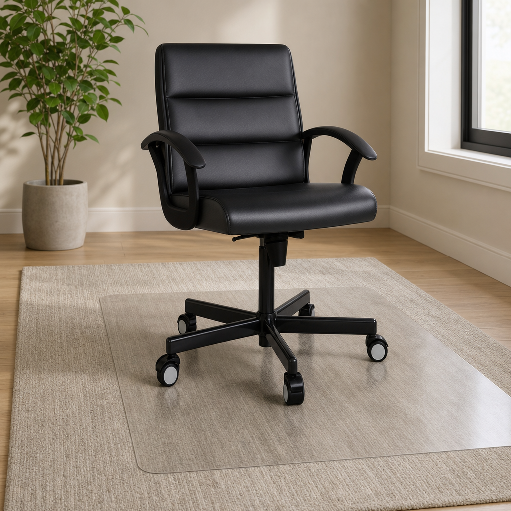 Rectangular PVC Chair Mat for Hard Floors — Clear or Black centered in a warm neutral furnished room