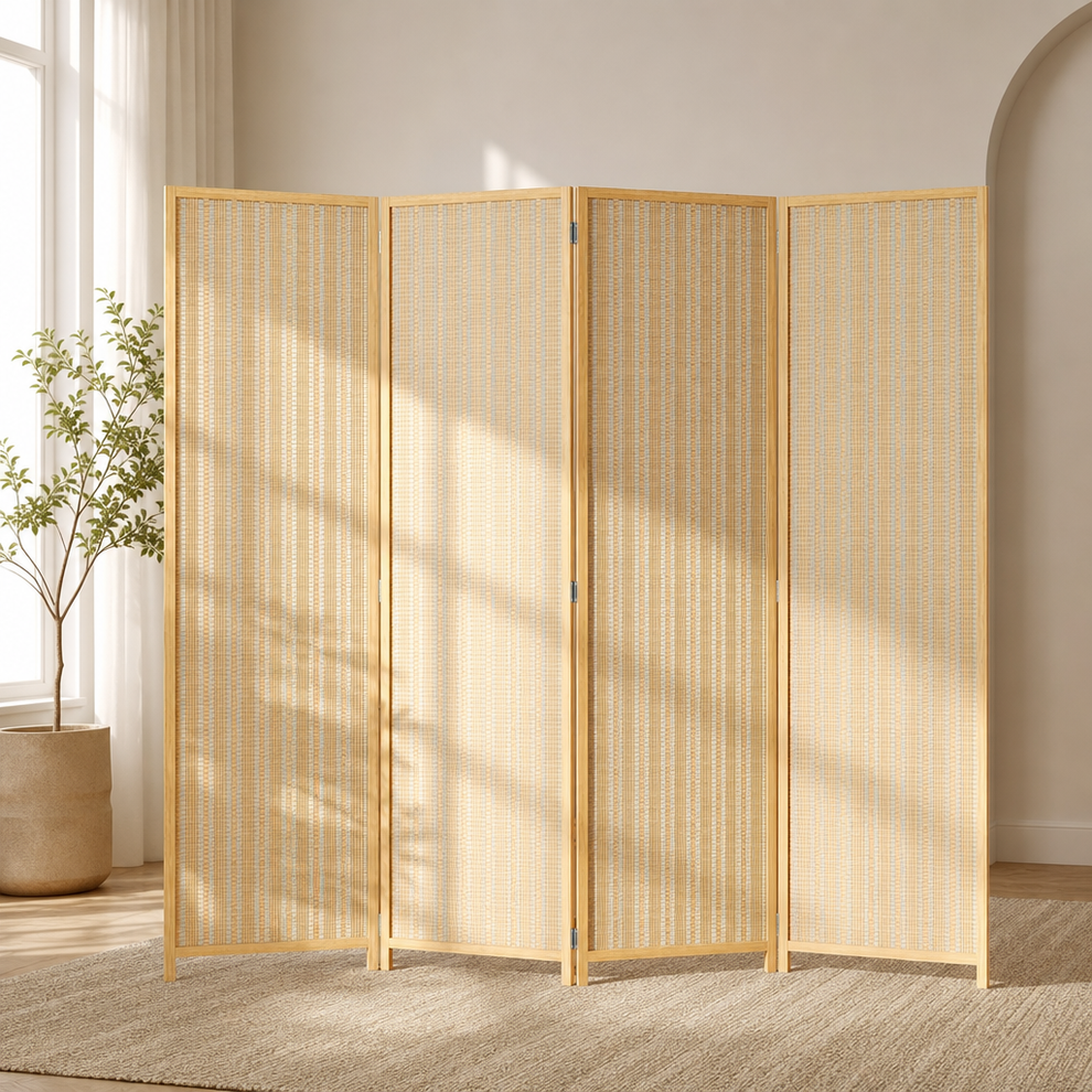 Bamboo Folding Room Divider — 4-Panel & 5-Panel Freestanding Privacy Screen centered in a warm neutral furnished room