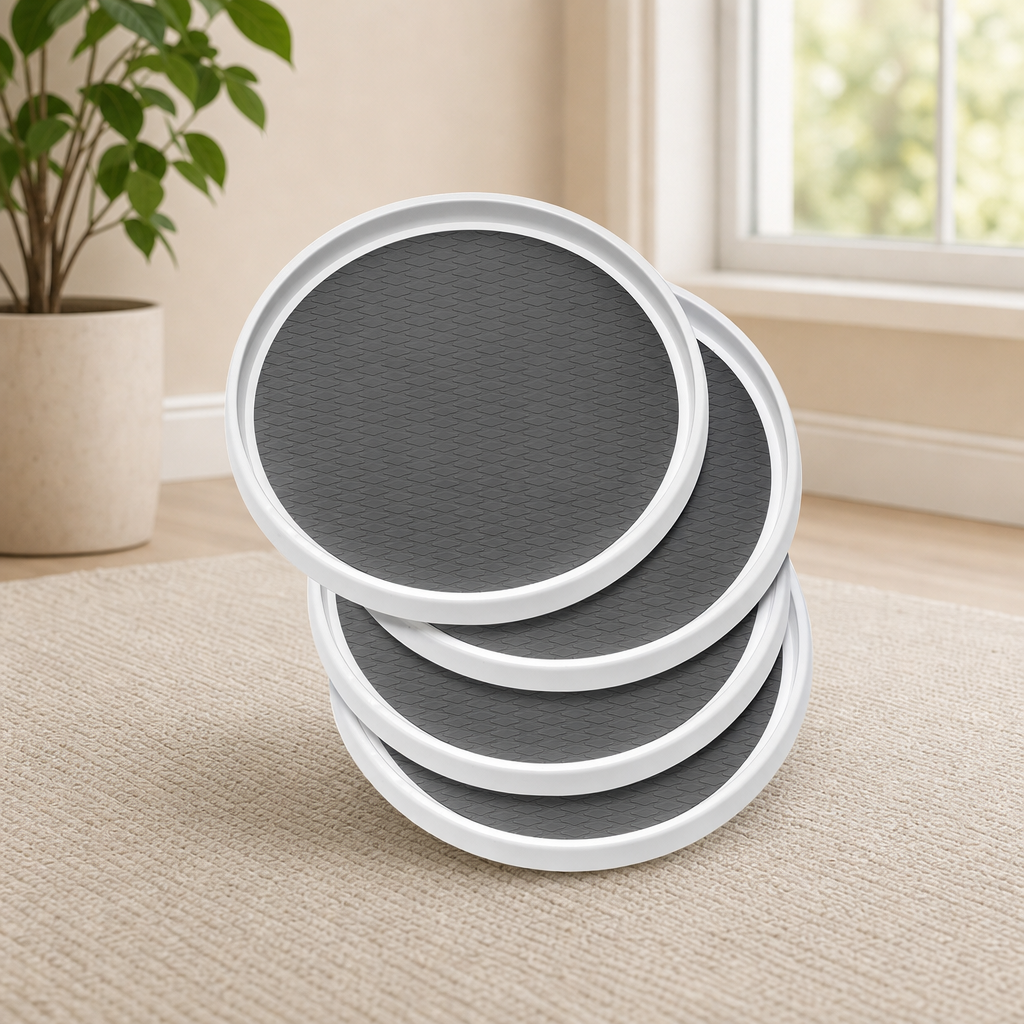 Stack of four white-rim round turntables with dark textured non-slip centers, angled front view