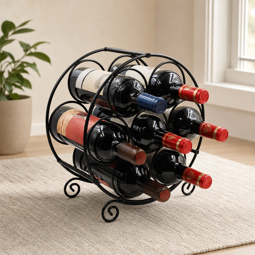 Black metal circular freestanding wine rack on a light rug with seven bottles, angled front view.