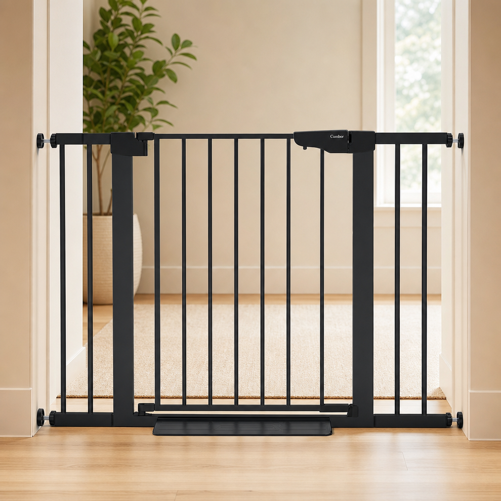 Baby Gate — Steel Auto-Close Swing Gate with Double-Lock and Adjustable Widths centered in a warm neutral furnished room