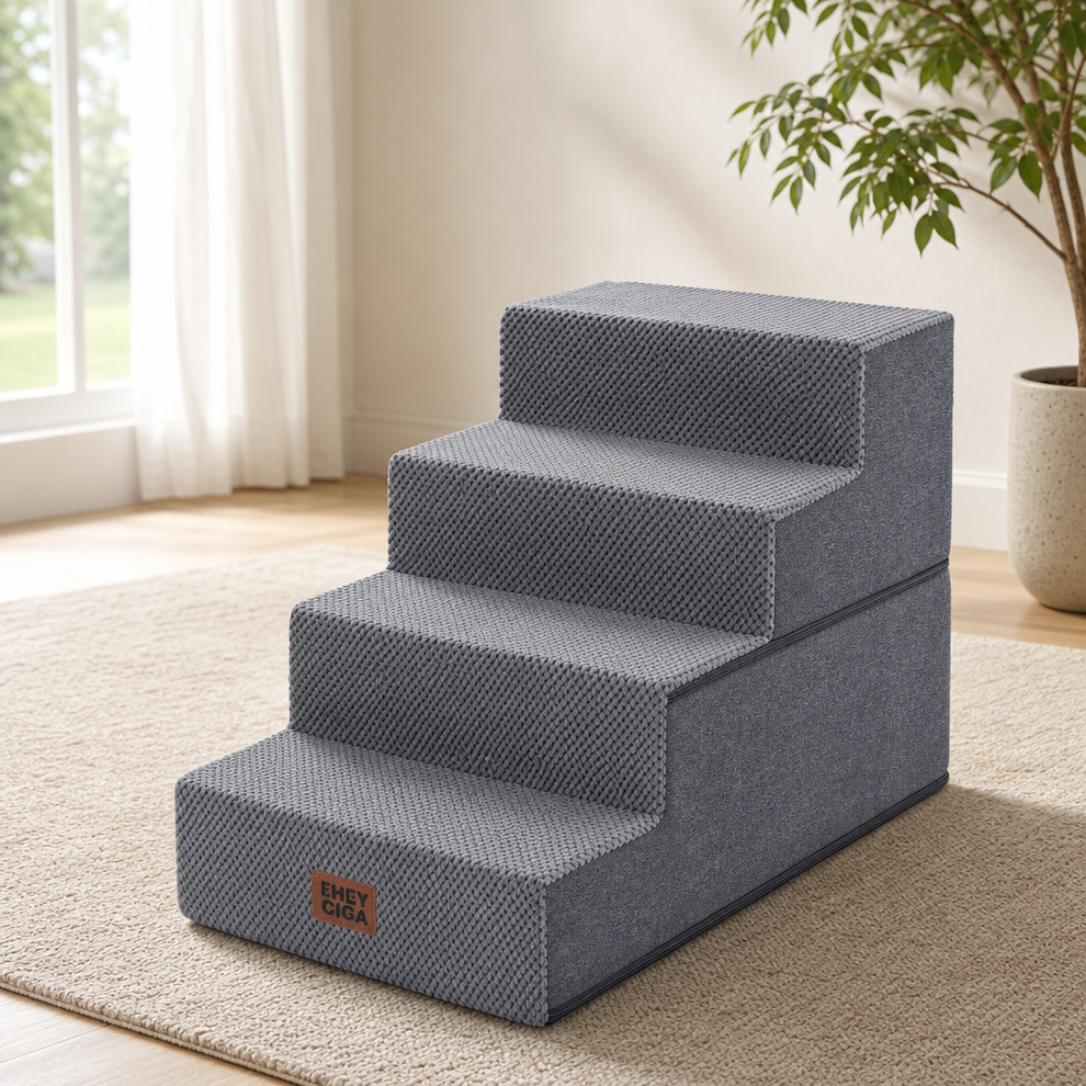 Dog Stairs Foldable Foam Steps — 3/4/5-Step, Removable Washable Cover centered in a warm neutral furnished room