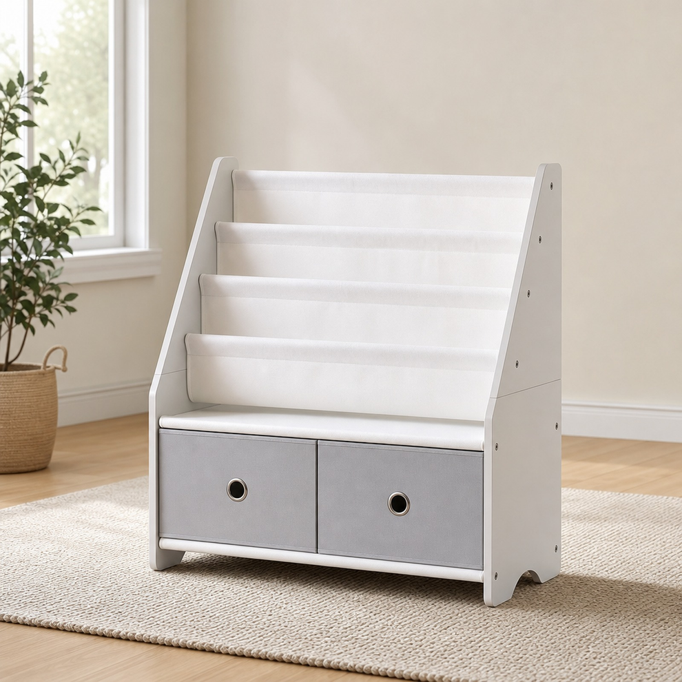 Kids Bookshelf with 3 Sling Pockets & 2 Drawers, White/Gray centered in a warm neutral furnished room