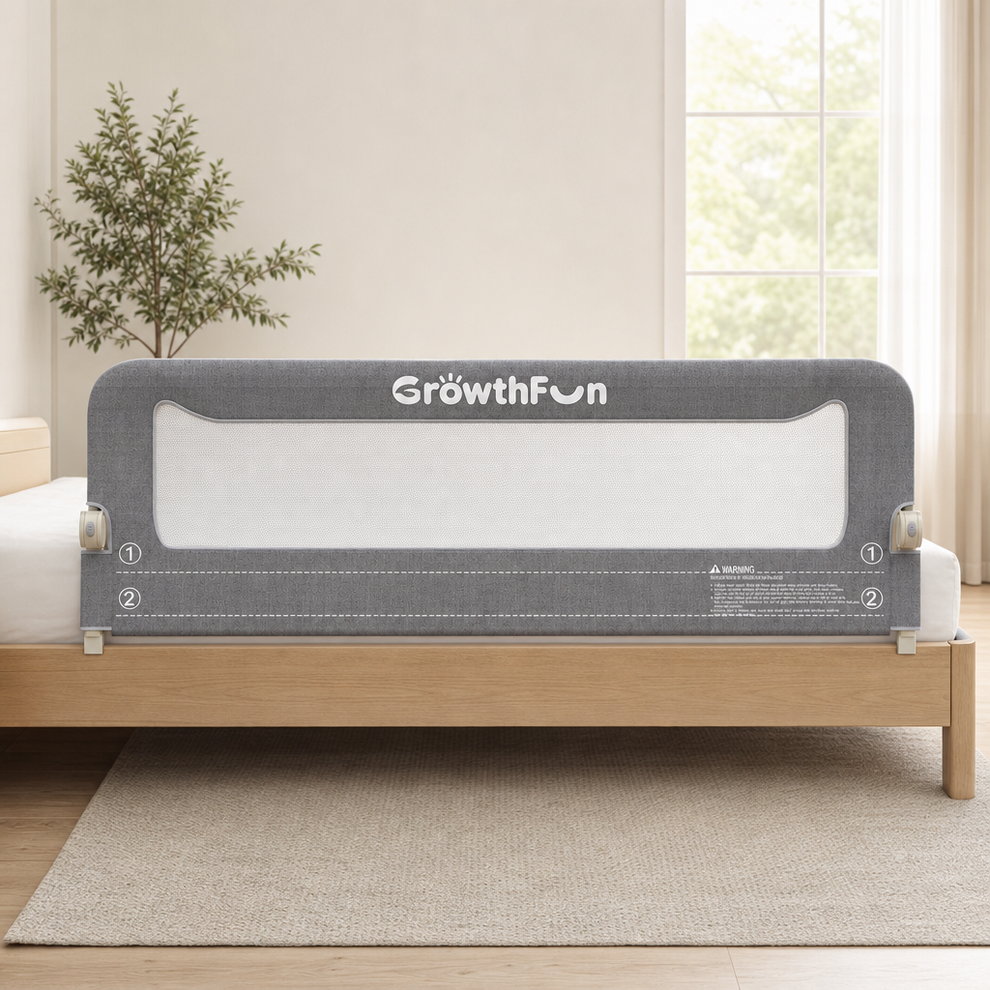 Foldable Toddler Bed Rail, Double-Reinforced Carbon Steel Frame, Fits 4"–12" Mattr centered in a warm neutral furnished room